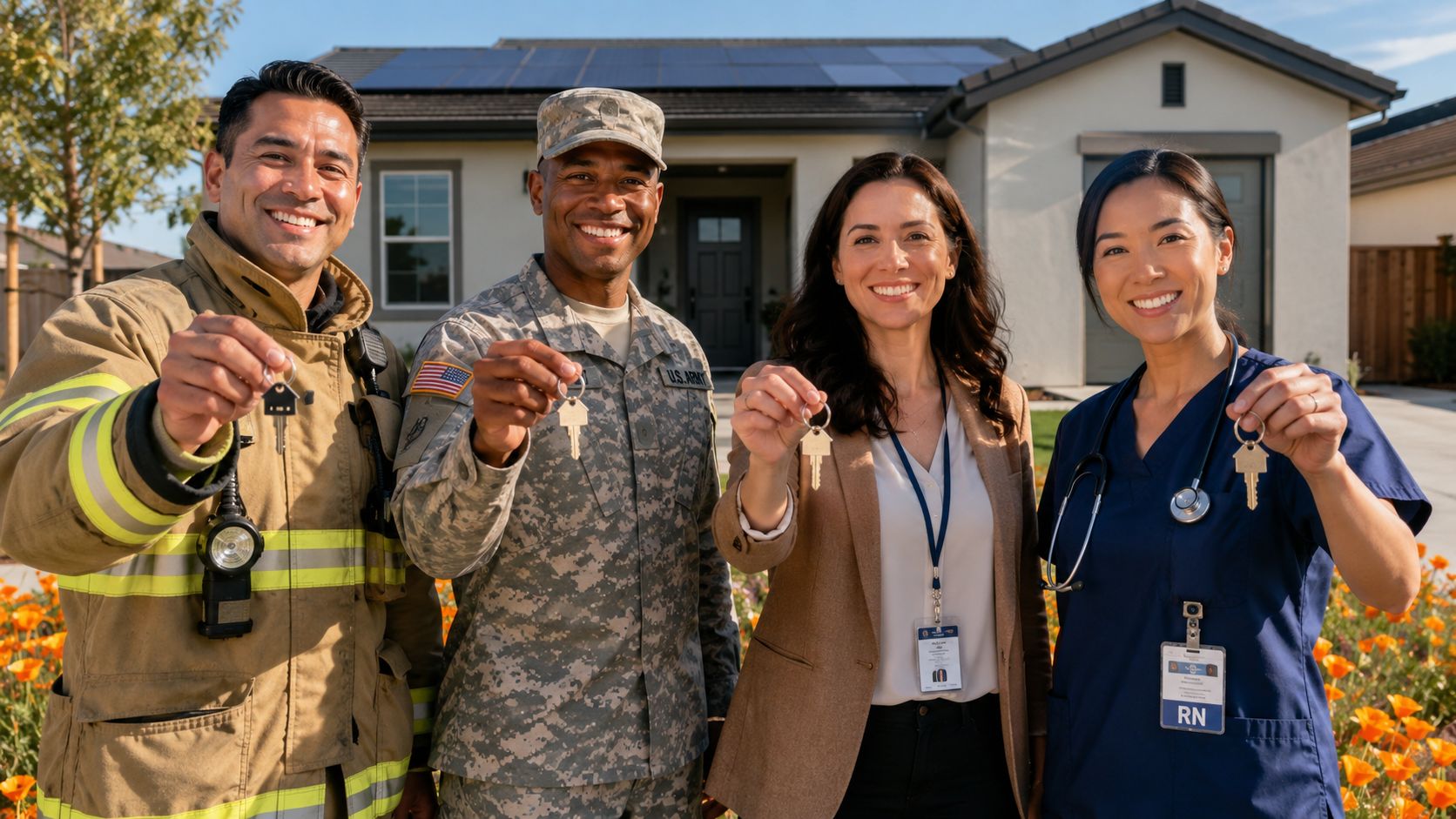 Four diverse professionals holding house keys in front of a new home representing first-time home ownership.