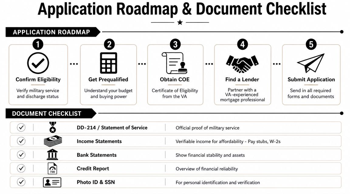 A five-step roadmap and document checklist for veterans applying for a VA mortgage loan.