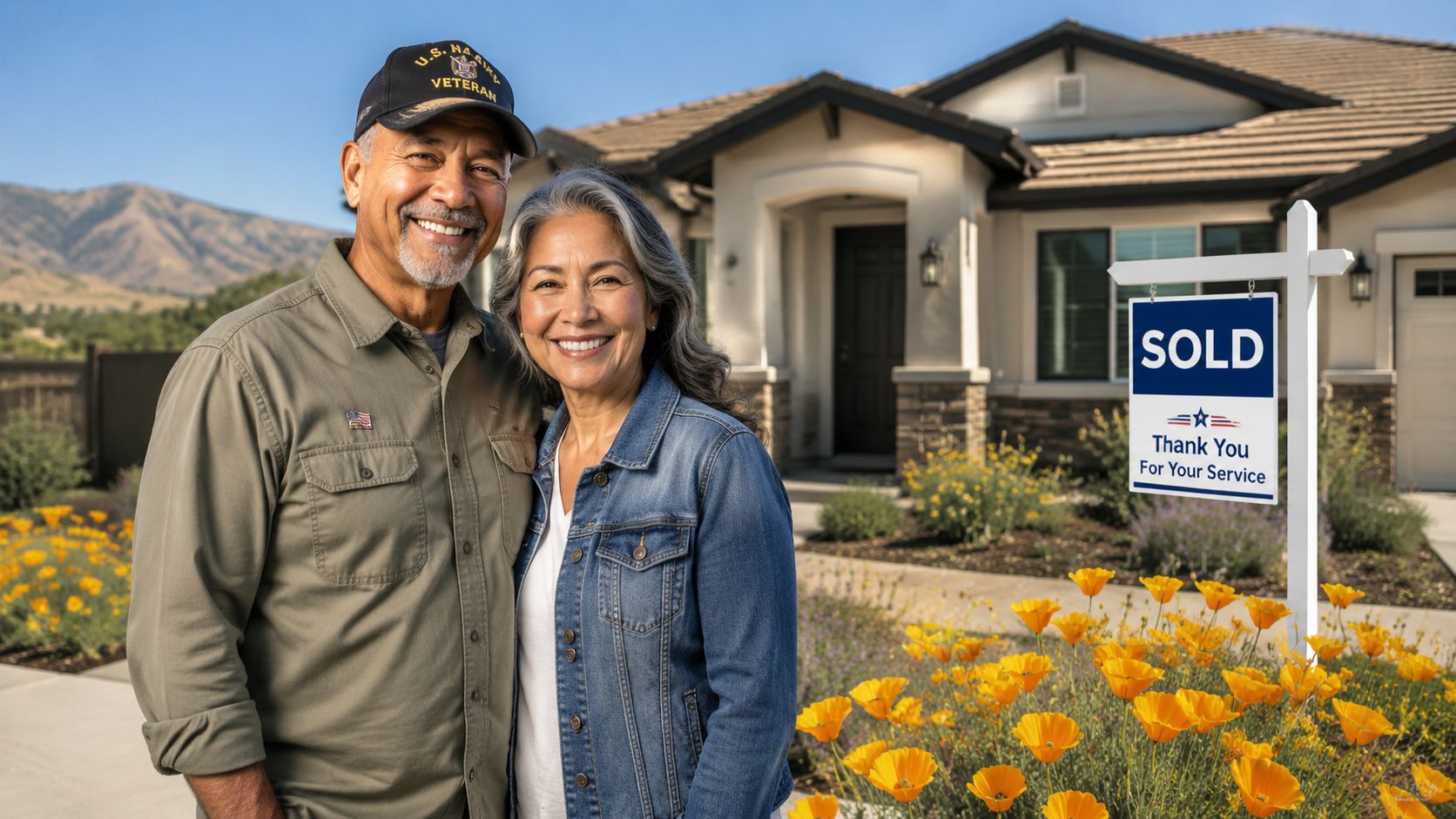 A happy veteran couple standing in front of their new home with a Sold sign displayed.
