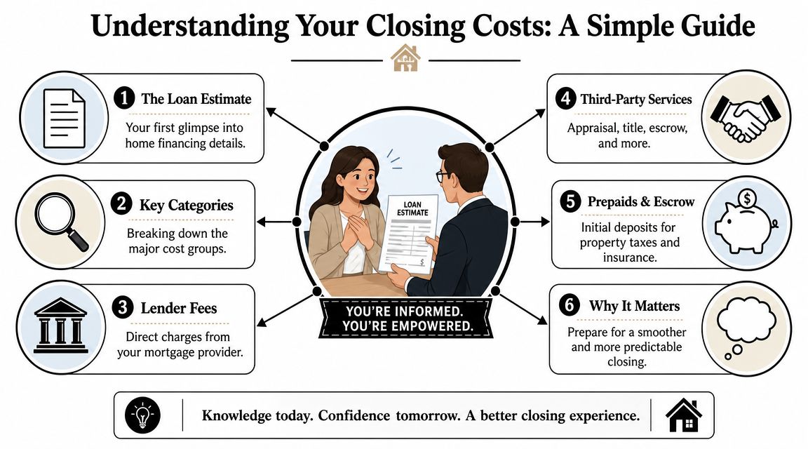 An infographic titled Understanding Your Closing Costs: A Simple Guide, featuring six steps explaining mortgage closing procedures.