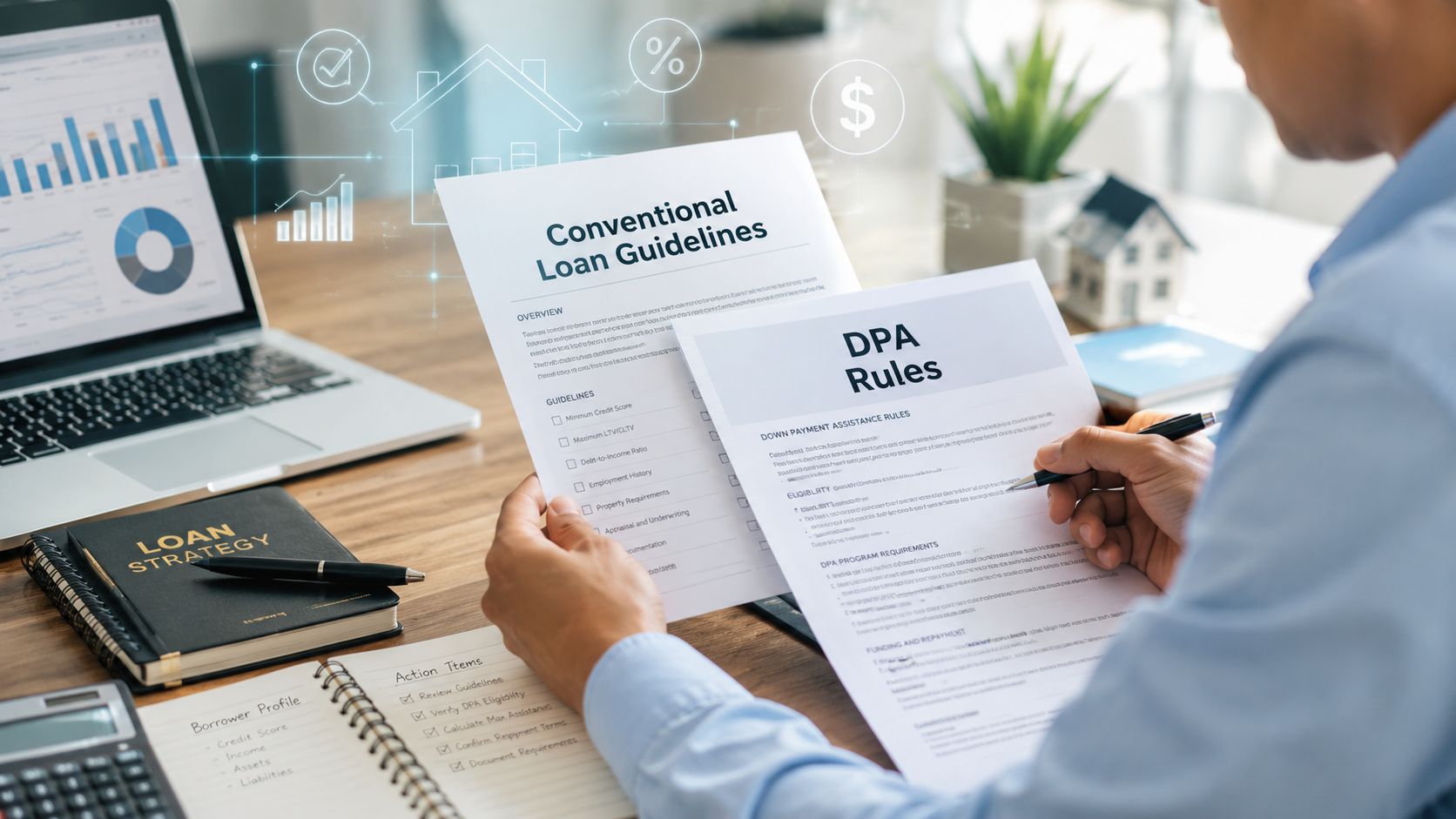 A professional analyzing Conventional Loan Guidelines and Down Payment Assistance documents at a desk.