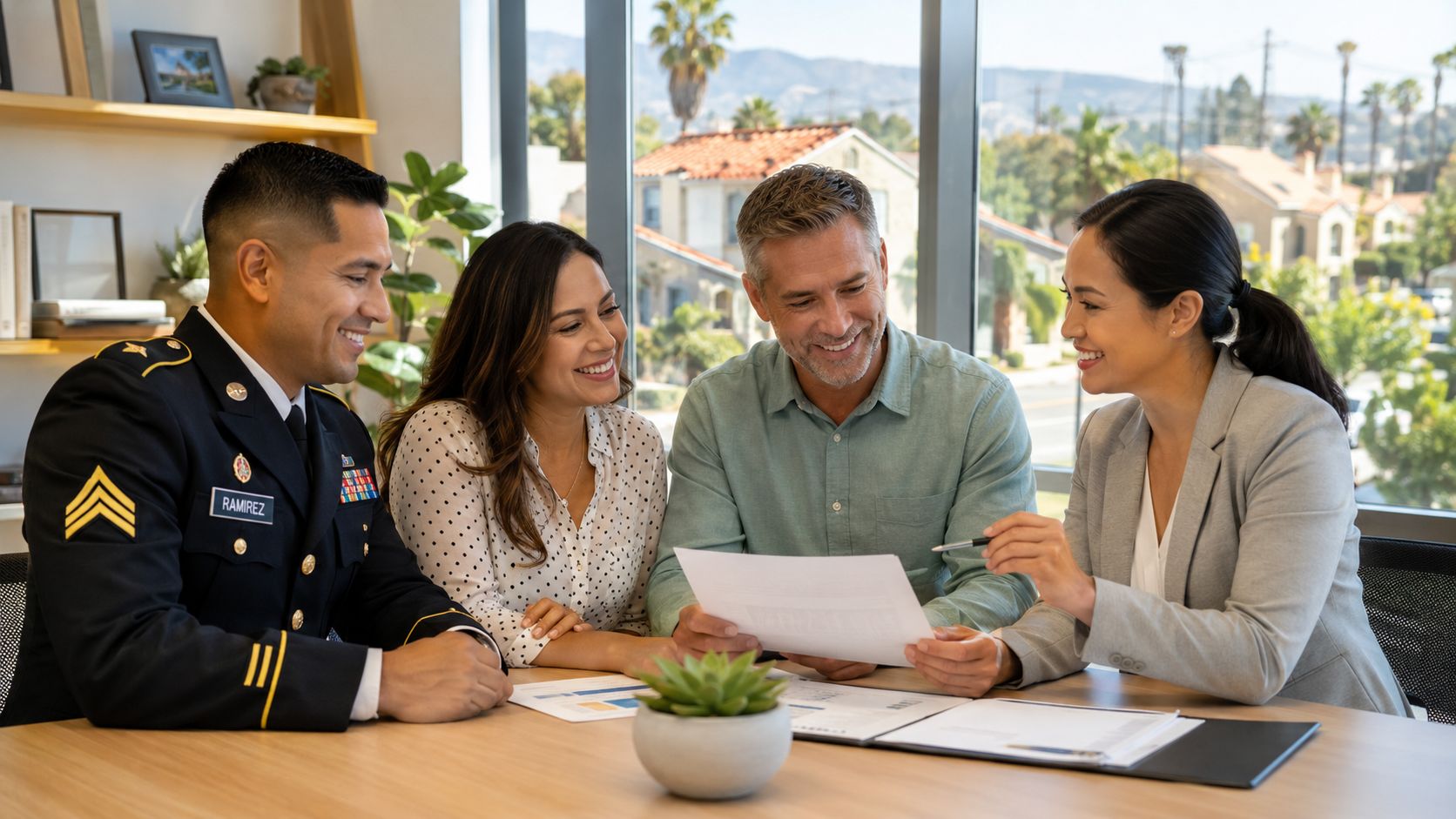 A professional financial advisor discusses mortgage documents with a military family in a bright, modern office.