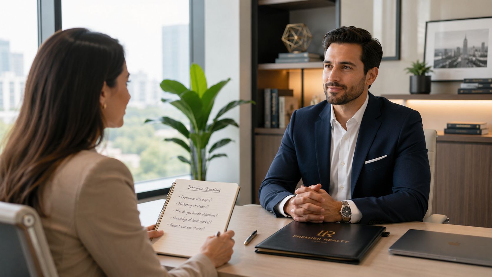 A professional real estate agent sitting at a desk during an interview with a potential client.