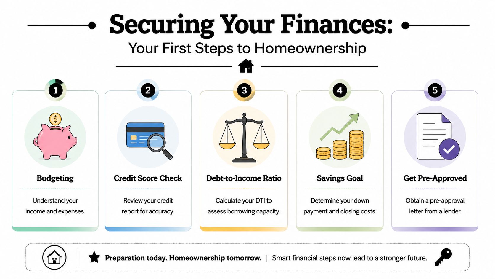 A step-by-step infographic titled Securing Your Finances, outlining five essential stages for first-time homeownership preparation.