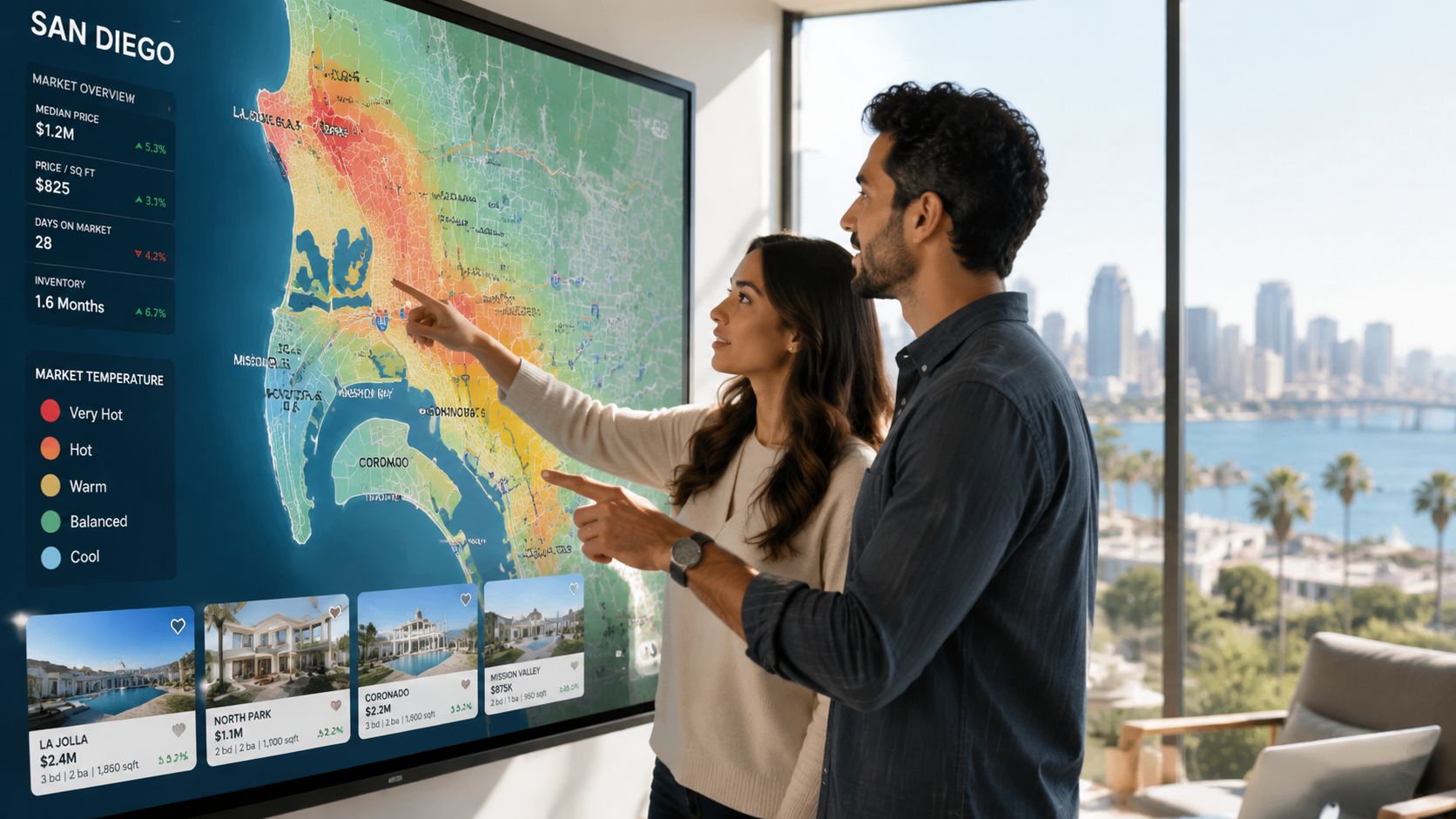 A professional couple analyzing real estate market trends on a large digital touch screen display in San Diego.