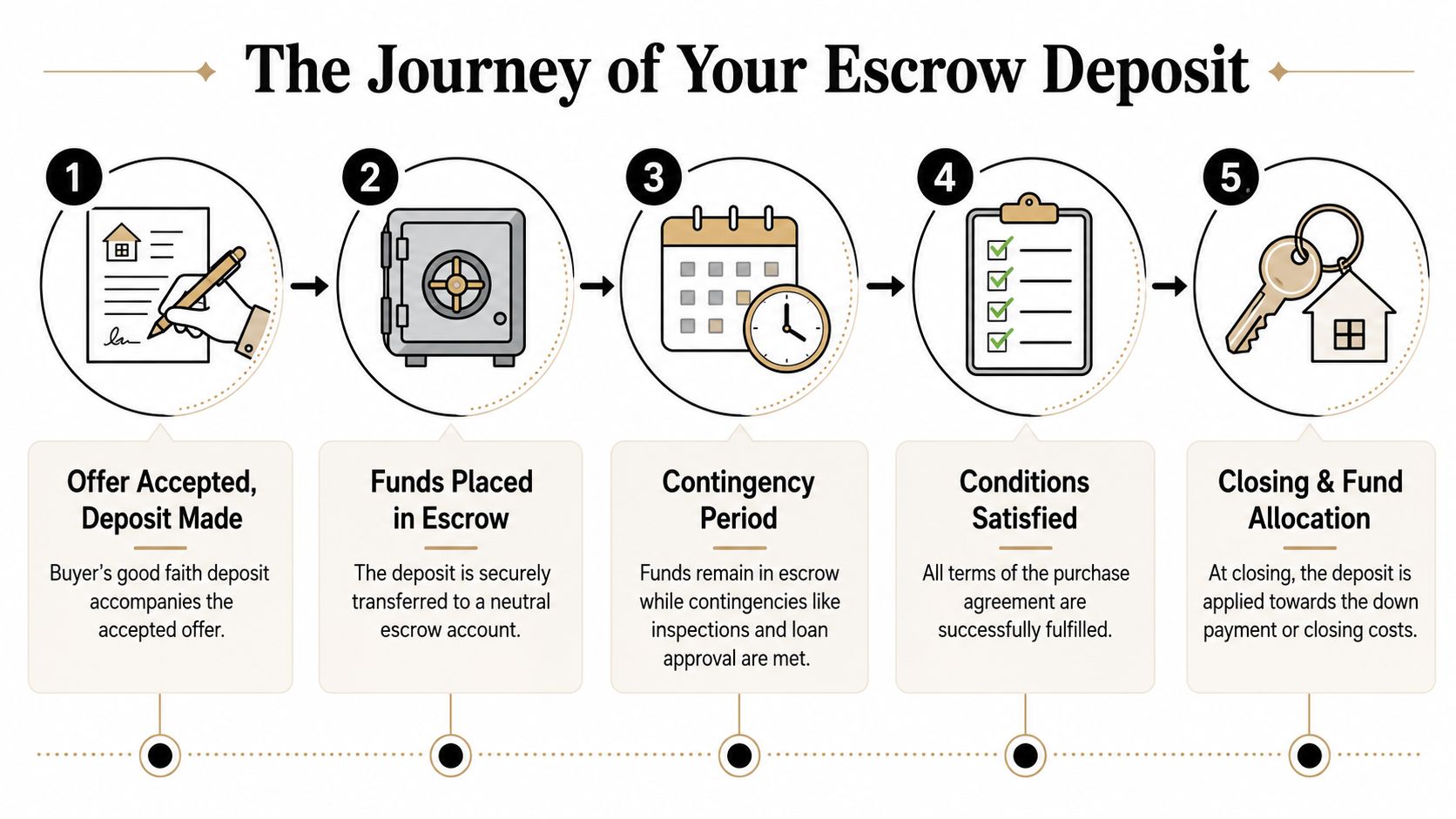 A five-step infographic showing the process of a real estate escrow deposit from offer to closing.