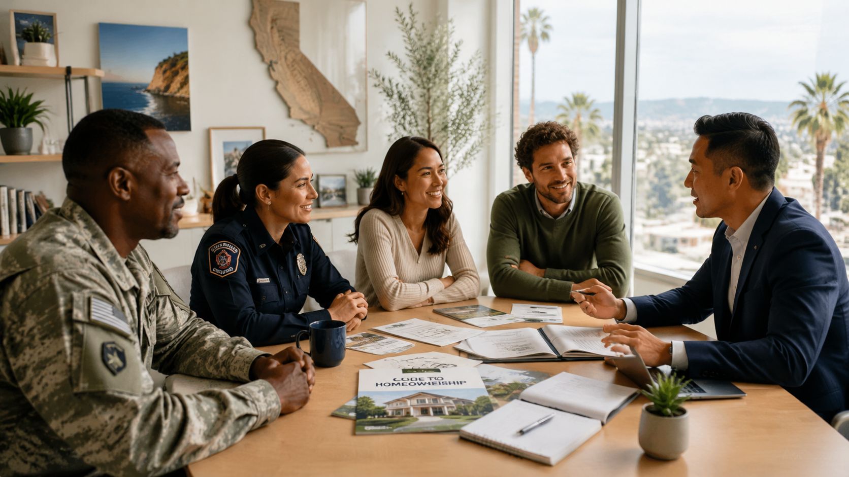 A professional real estate consultation with a veteran, police officer, and couple sitting at a wooden table.
