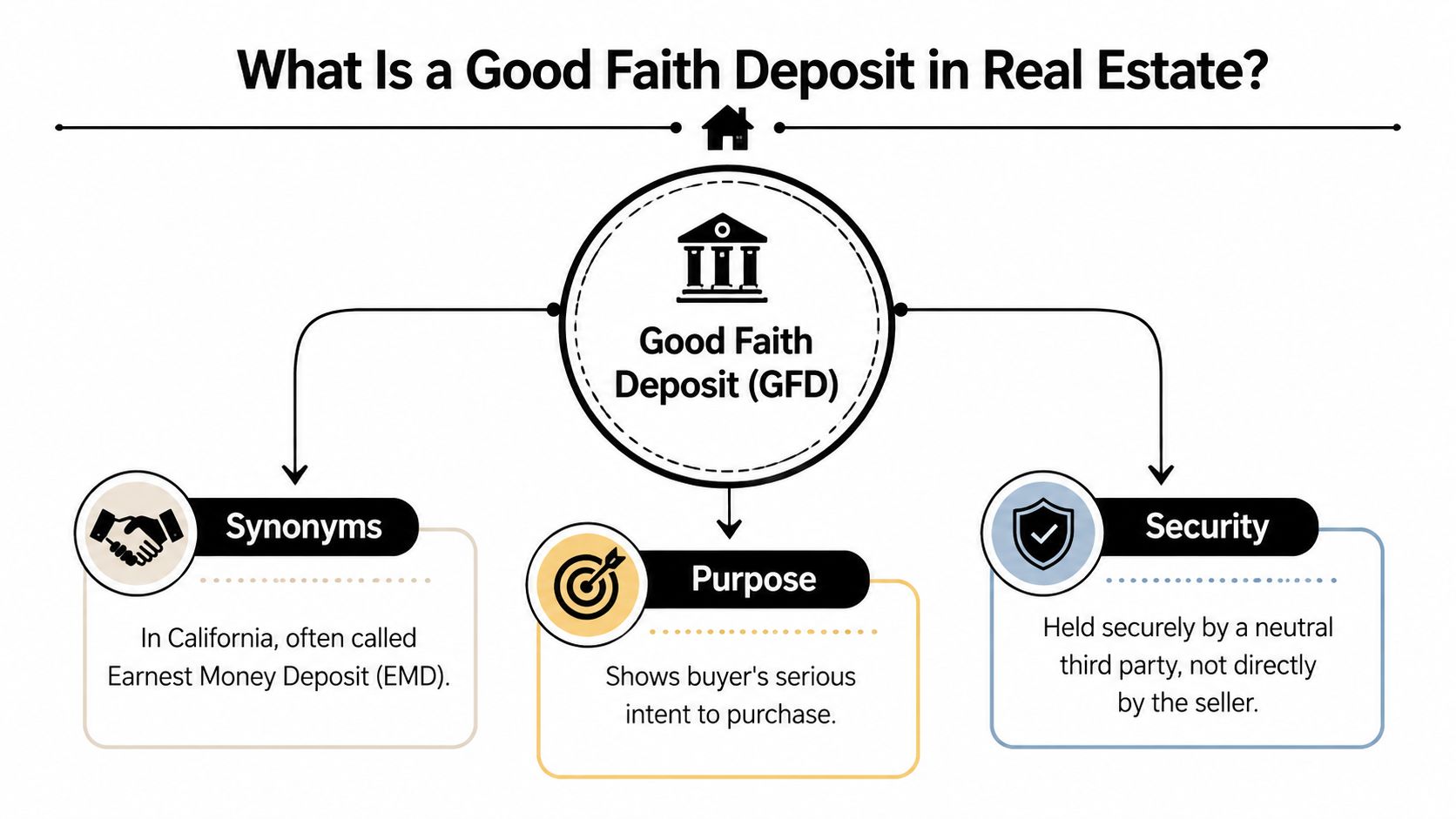 A diagram explaining the concept of a Good Faith Deposit in real estate, including synonyms and security.