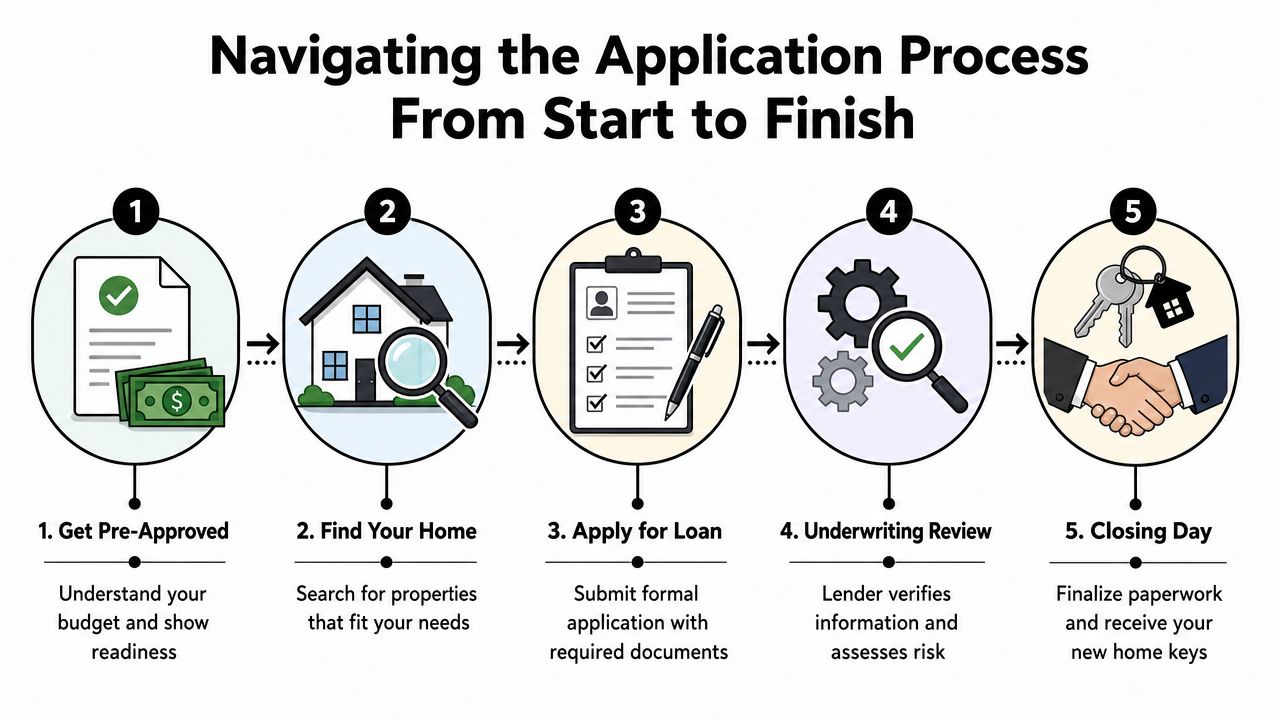 A five-step infographic showing the home loan application process from pre-approval to closing day.