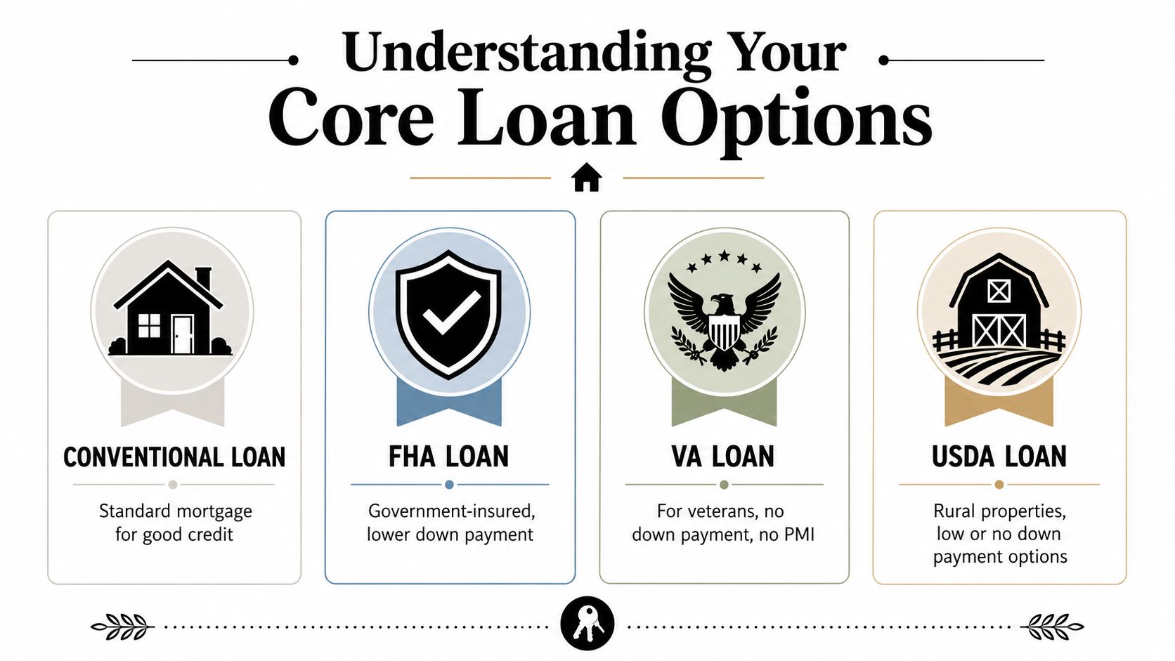 A visual guide comparing four common types of home mortgage loans: conventional, FHA, VA, and USDA loans.