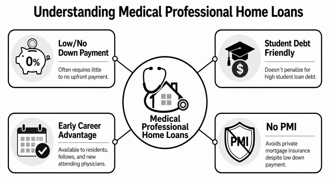 An infographic showing four key benefits of medical professional home loans including no down payment, student debt friendliness, early career access, and no PMI.