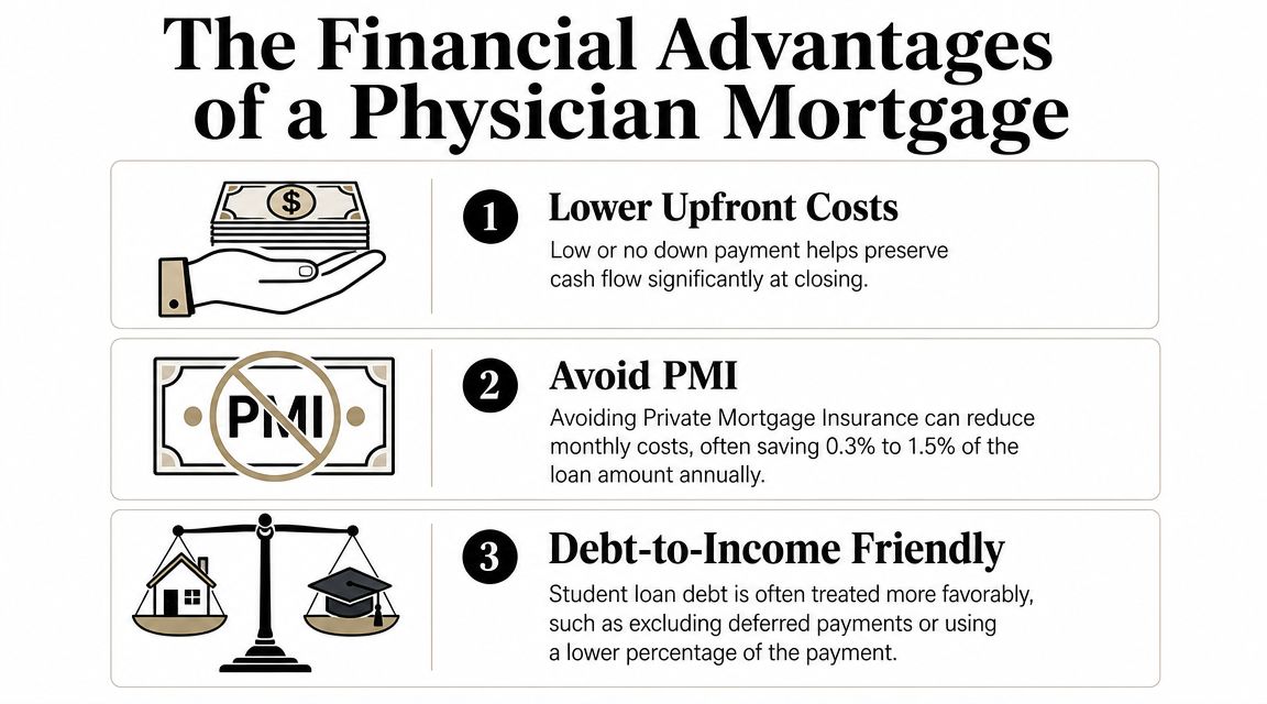 An infographic titled The Financial Advantages of a Physician Mortgage showing three key benefits for medical professionals.