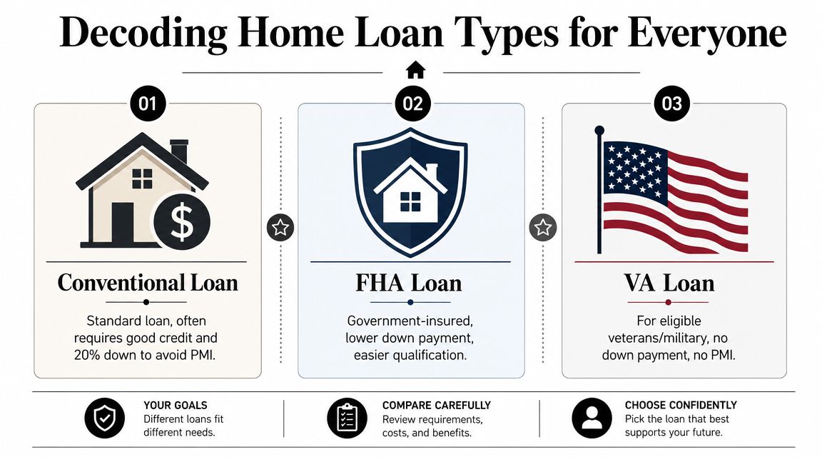 An infographic titled Decoding Home Loan Types explaining the differences between Conventional, FHA, and VA home loans.