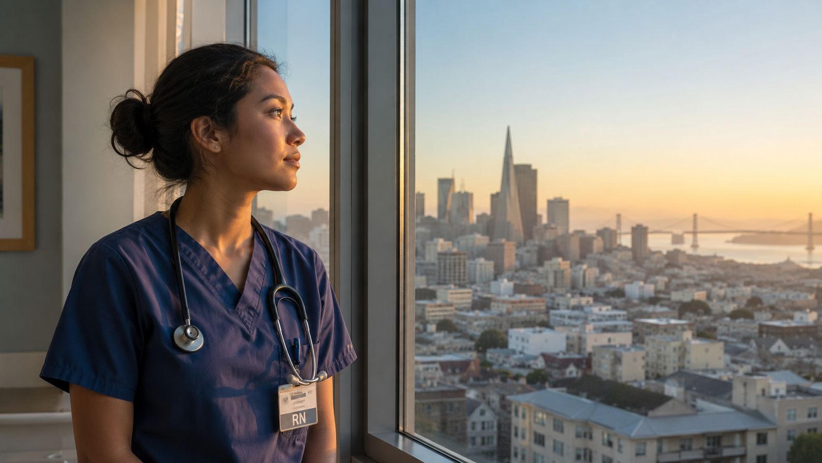 A female nurse wearing blue scrubs and a stethoscope looks out a window at a city skyline.
