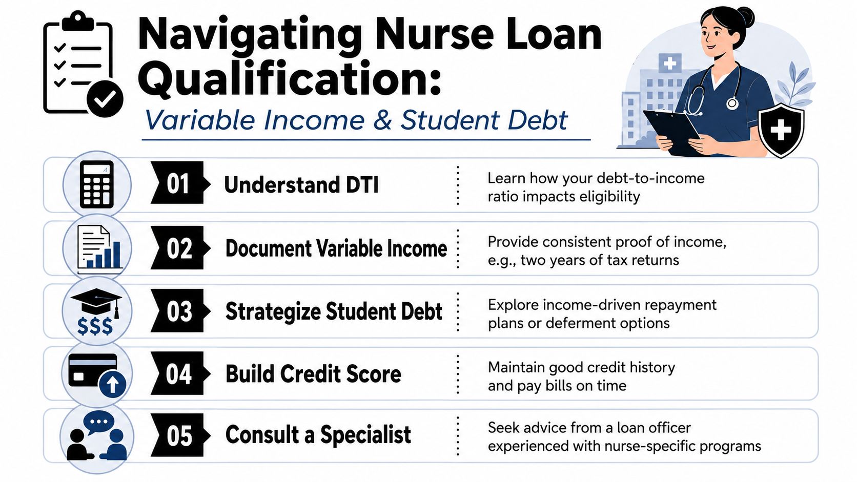 A helpful infographic showing five steps for nurses to qualify for loans despite variable income and debt.