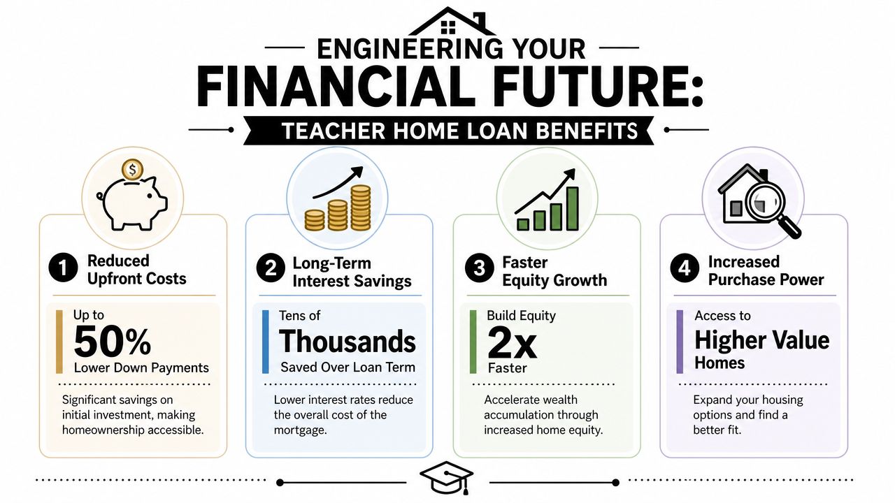 An infographic detailing four financial benefits of specialized home loan programs for teachers and educators.
