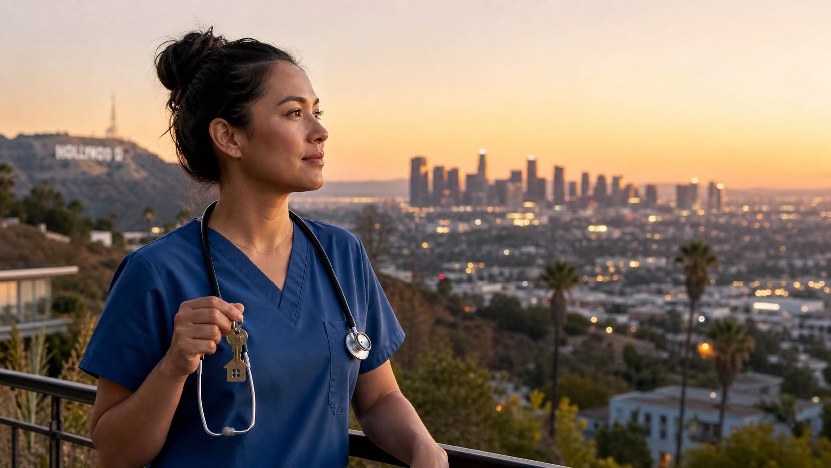 A smiling healthcare worker in blue scrubs holding house keys while overlooking the Los Angeles cityscape.