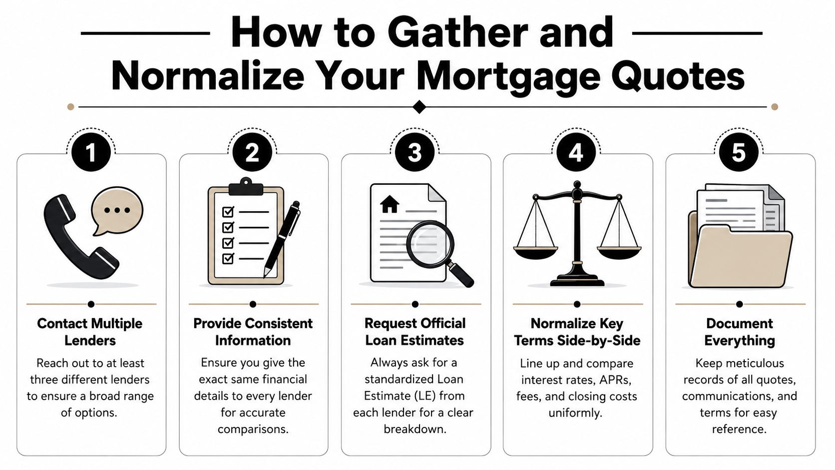 A five-step infographic showing how to effectively gather and normalize mortgage quotes from multiple lenders.