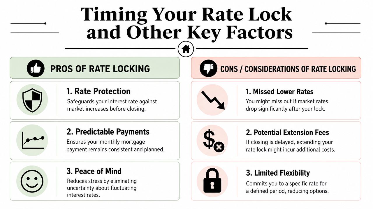 A comparison chart highlighting the pros and cons of locking in a mortgage interest rate.
