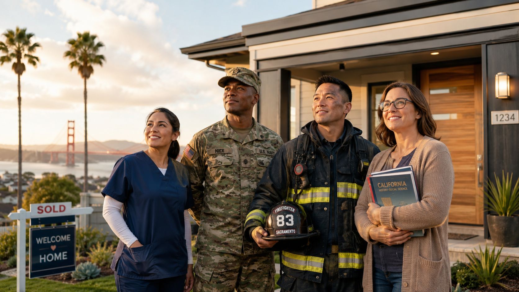 A diverse group of professionals standing in front of their new home with a view of the Golden Gate Bridge.