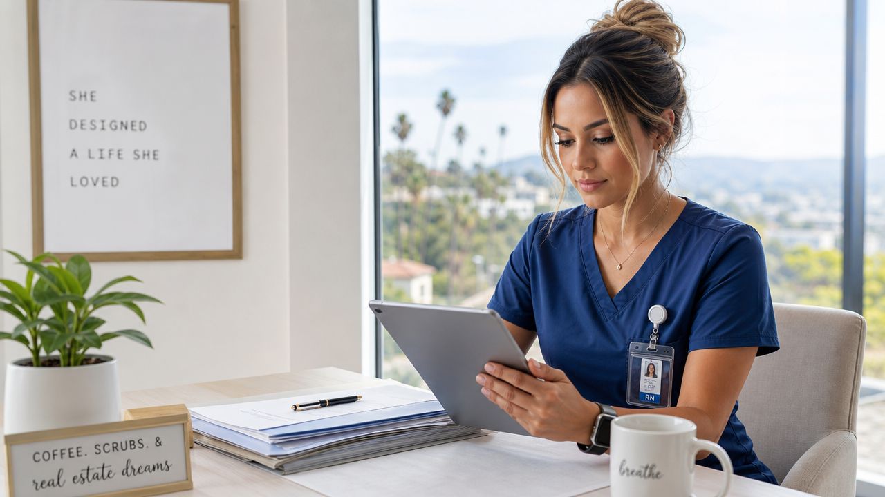 A professional nurse in scrubs working on a digital tablet at her desk with a coffee mug.