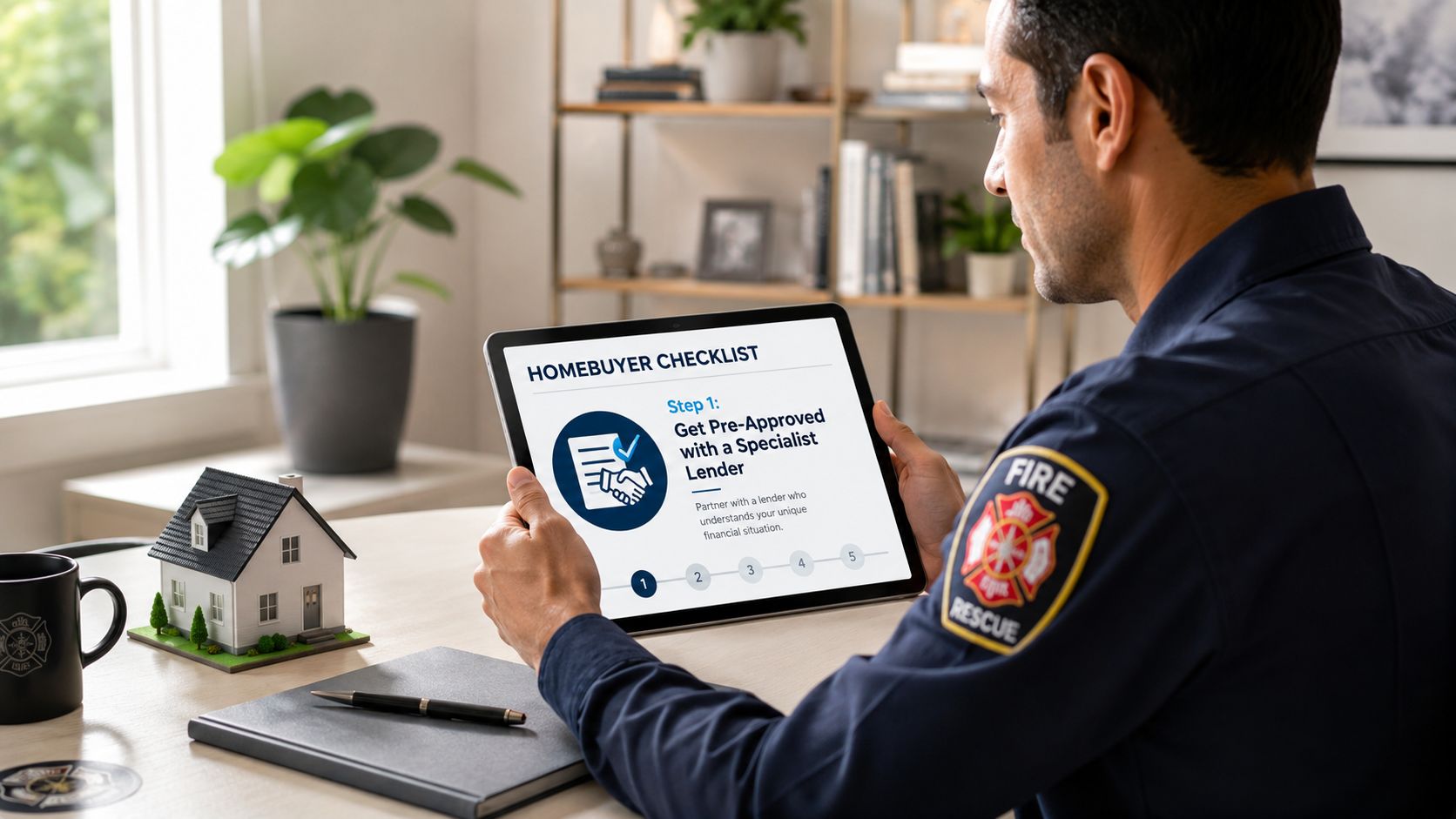 A firefighter in uniform reviewing a homebuyer checklist on a digital tablet at his desk.