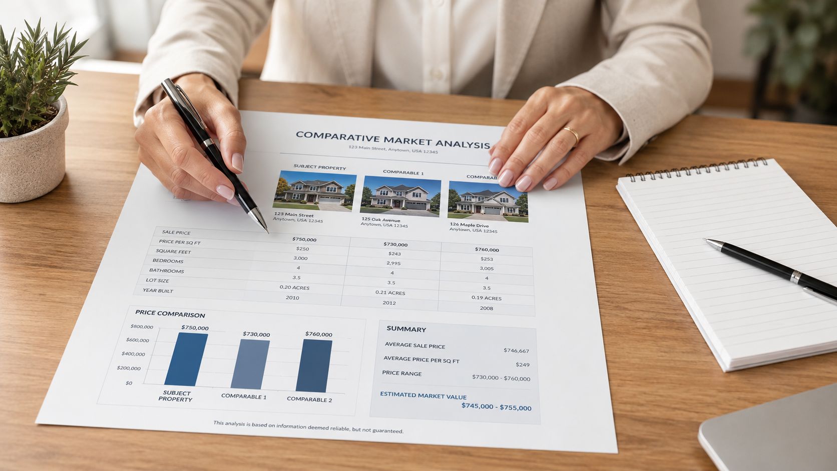 A professional analyzing a comparative market analysis document regarding real estate pricing for a property sale.
