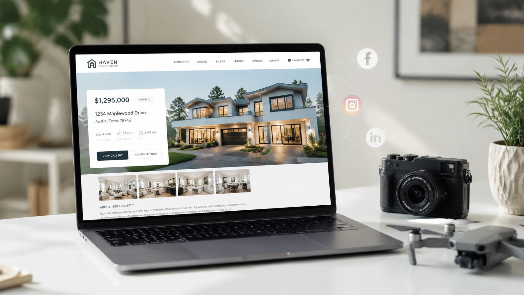 A sleek laptop displays a modern real estate listing website on a desk next to a camera.