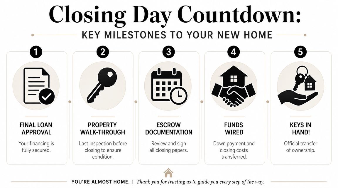 A five-step infographic showing the closing day countdown milestones for successfully buying a new home.