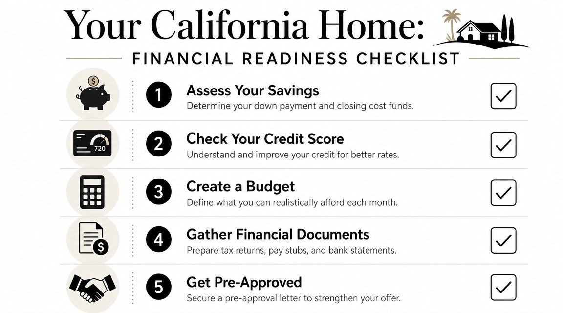 A financial readiness checklist for home buyers in California, listing five essential steps for mortgage preparation.
