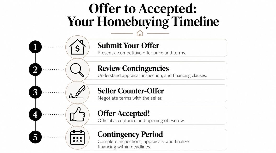 A five-step infographic showing the homebuying process from submitting an offer to the contingency period.