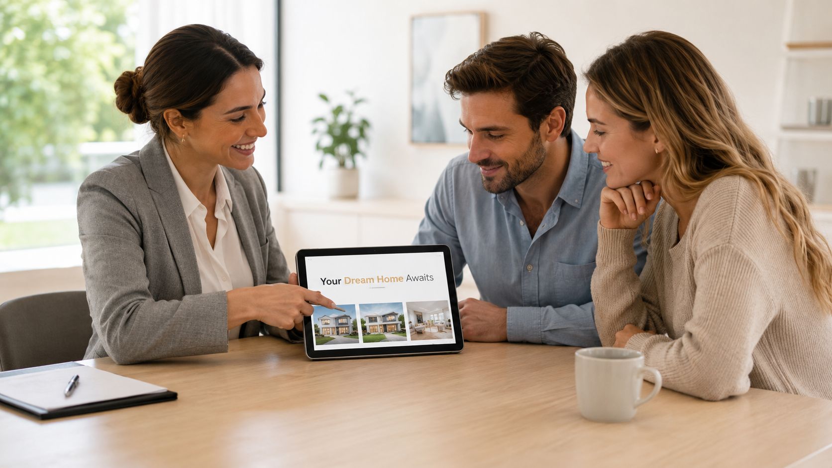 A real estate agent presenting house listings on a tablet to a young couple in an office.