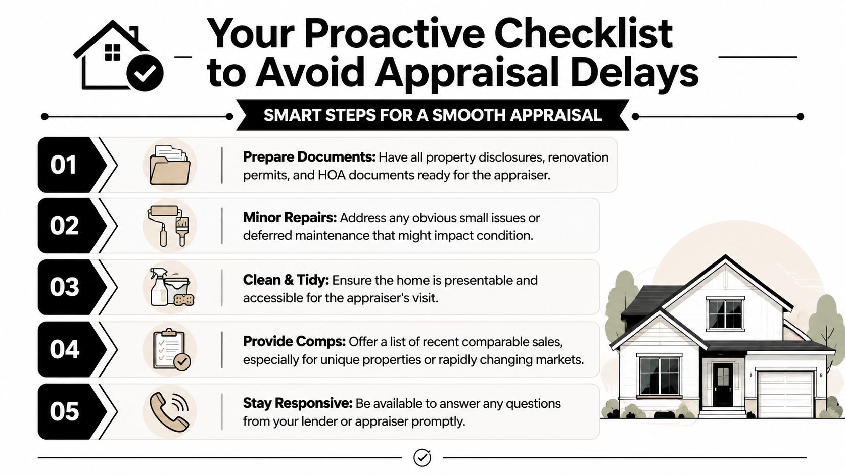 A proactive checklist for homeowners to avoid delays during the home appraisal process with five essential tips.