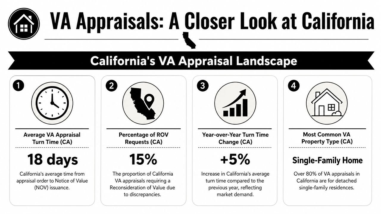 An infographic summarizing statistics for VA home appraisals in California, including turn times and request rates.