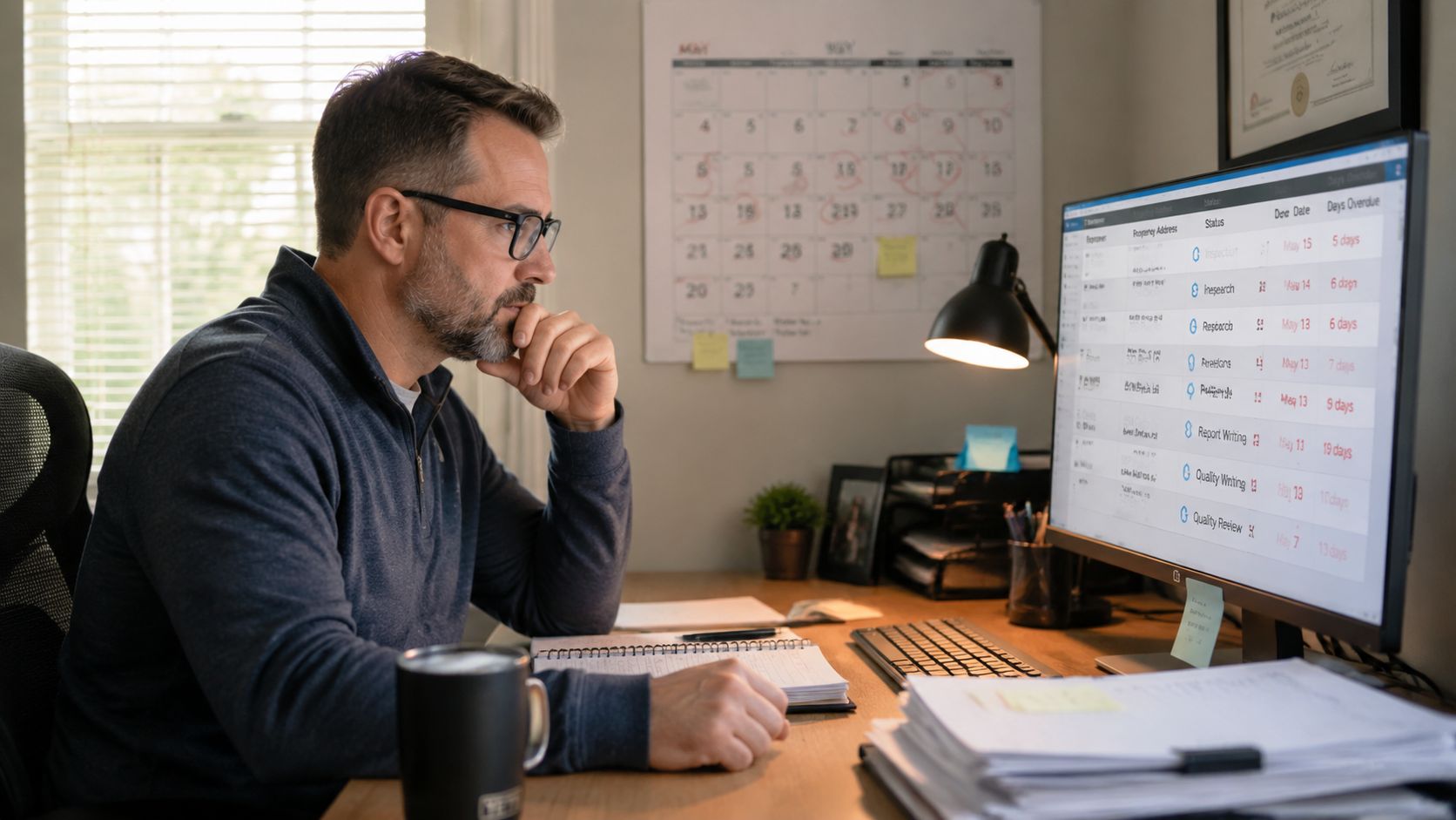 A focused professional with glasses reviewing property appraisal tasks and deadlines on his computer monitor.