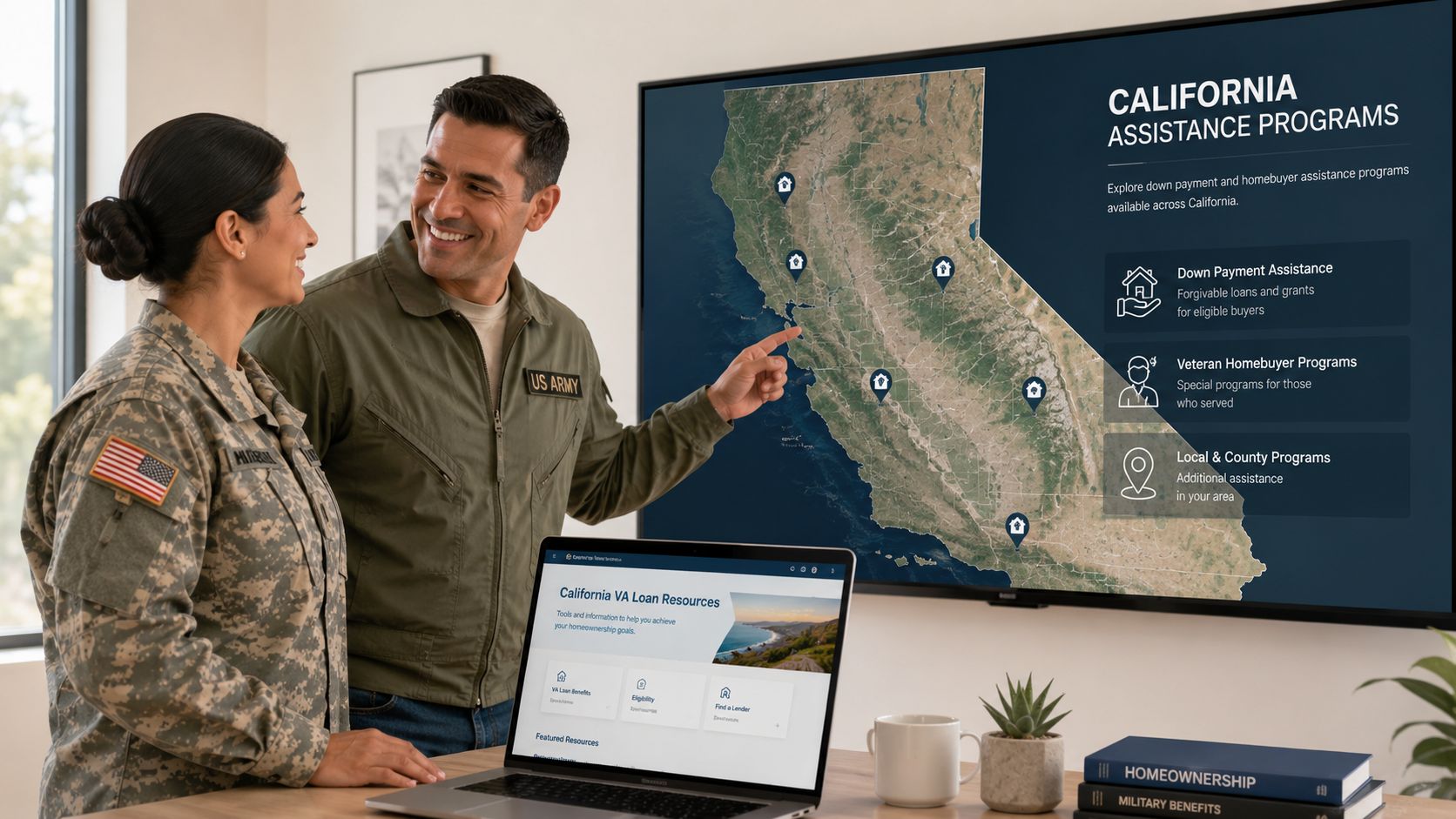 A service member and a veteran discuss California homebuyer assistance programs in front of a screen.