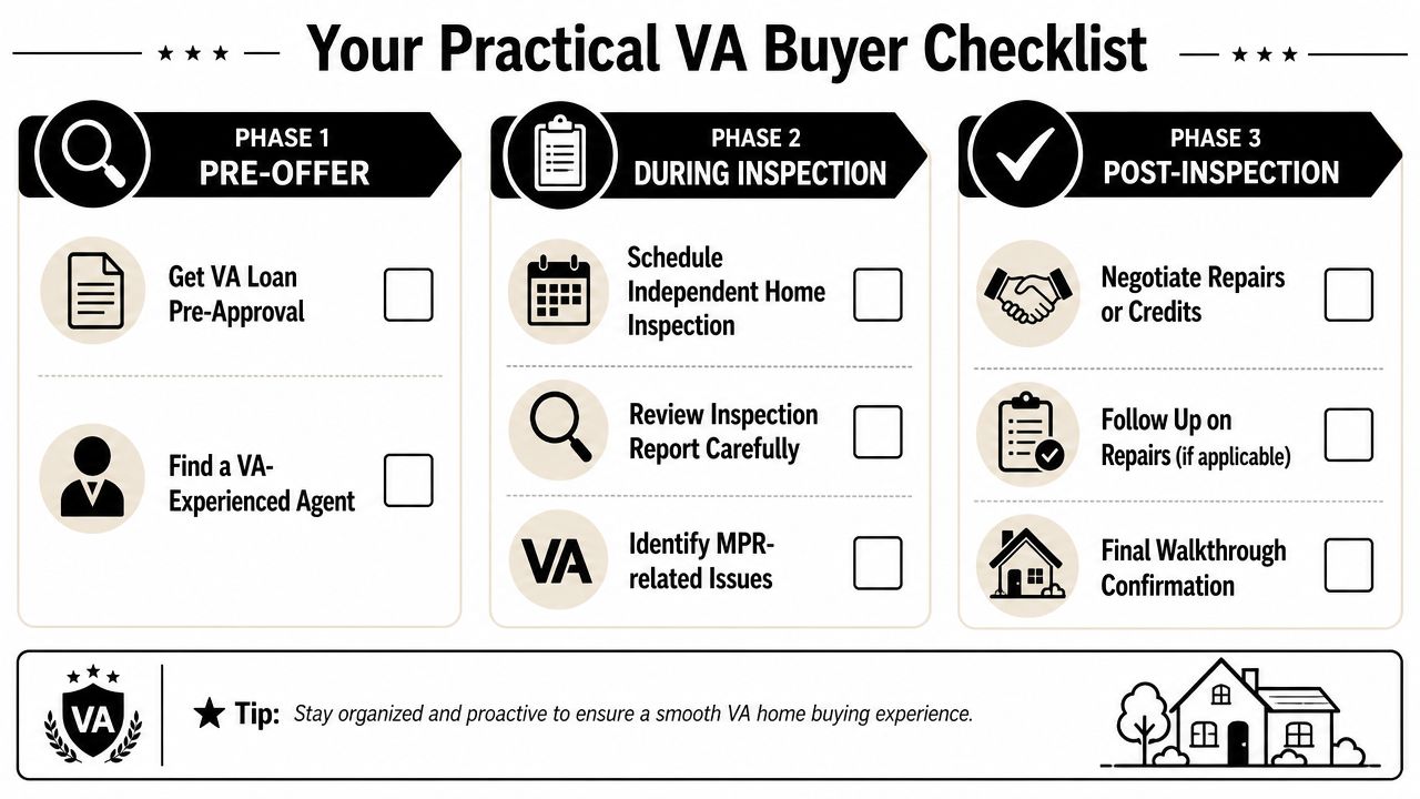 A comprehensive VA buyer checklist outlining the three phases of the VA home loan inspection process.