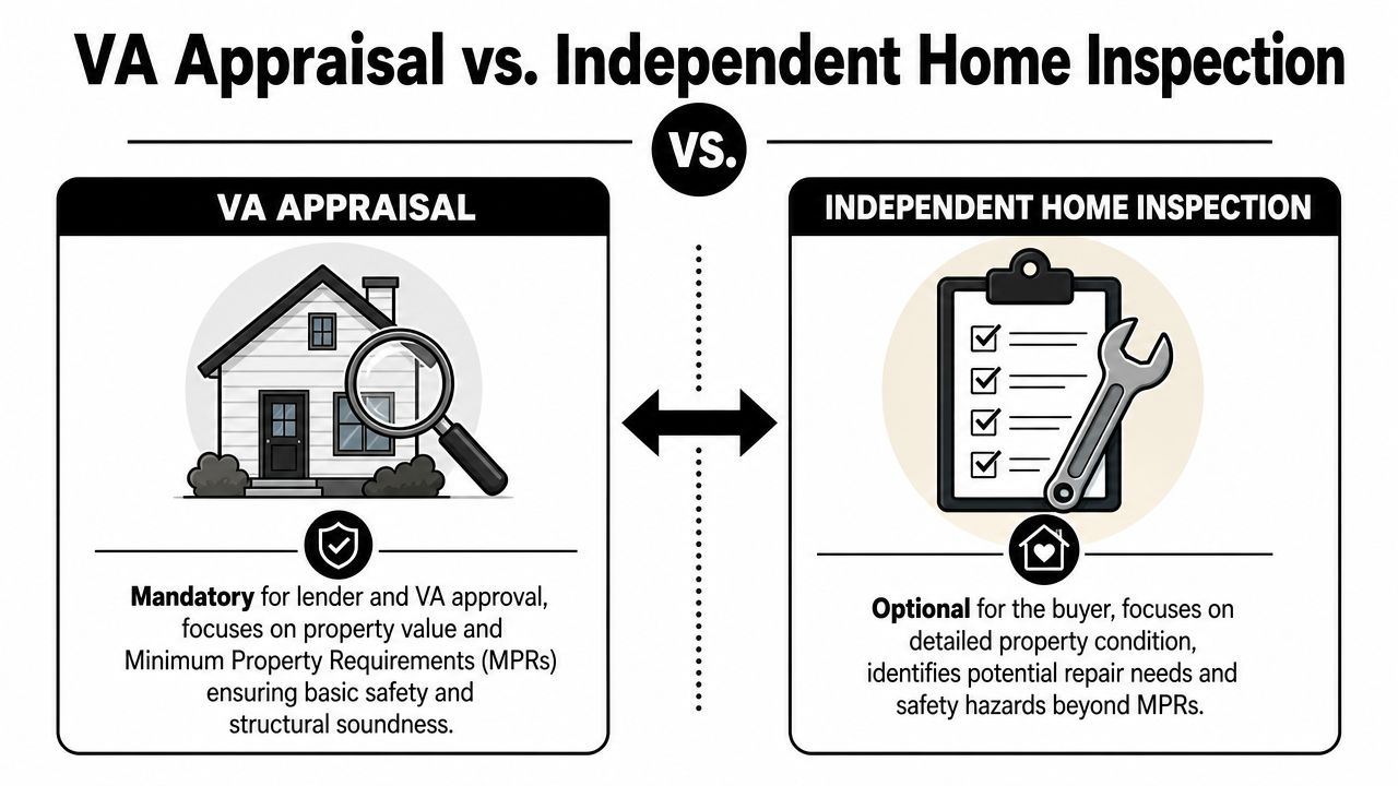 A comparison chart showing the differences between a mandatory VA appraisal and an optional independent home inspection.