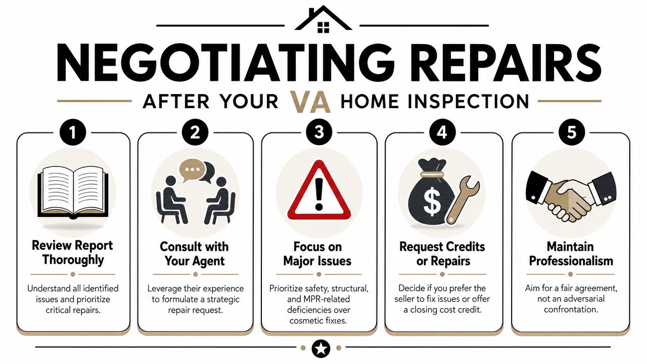 A five-step guide infographic for negotiating property repairs after completing a VA home inspection for buyers.