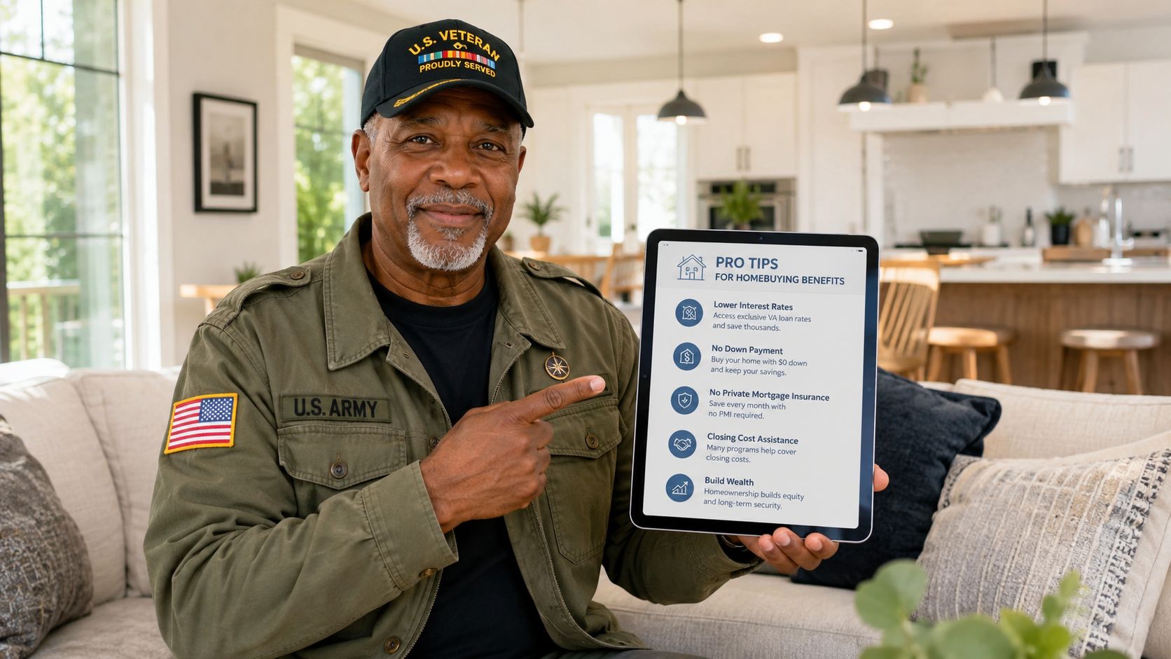 A veteran pointing to a tablet screen displaying a list of benefits for homebuying assistance programs.