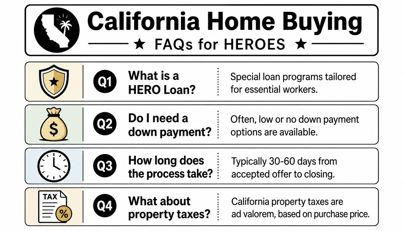 An infographic titled California Home Buying FAQs for HEROES answering common questions about loans and property taxes.