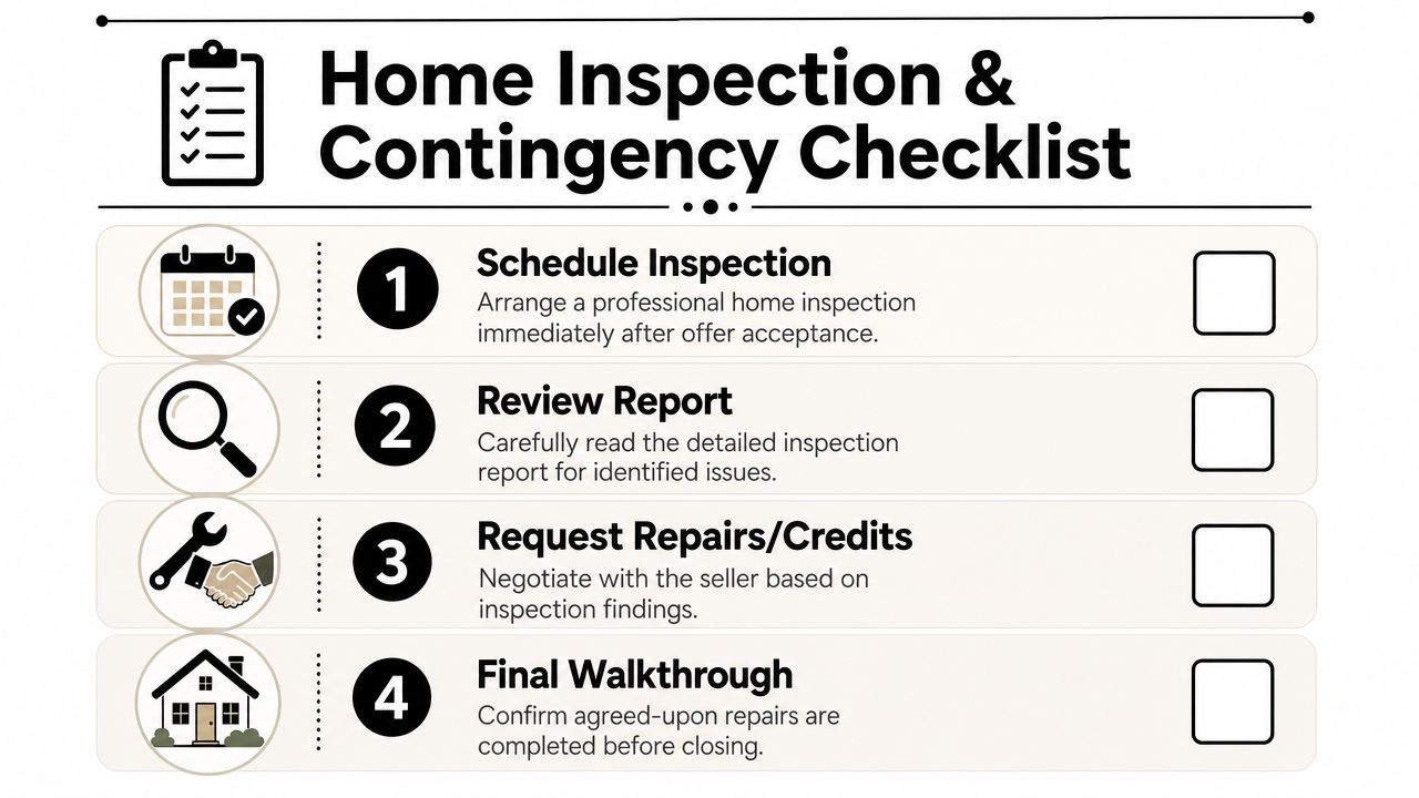 A four-step home inspection and contingency checklist infographic for homebuyers detailing the necessary stages of property evaluation.