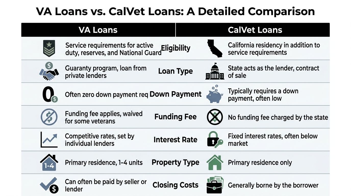 A comparison chart outlining the key differences between VA home loans and CalVet loans for military veterans.
