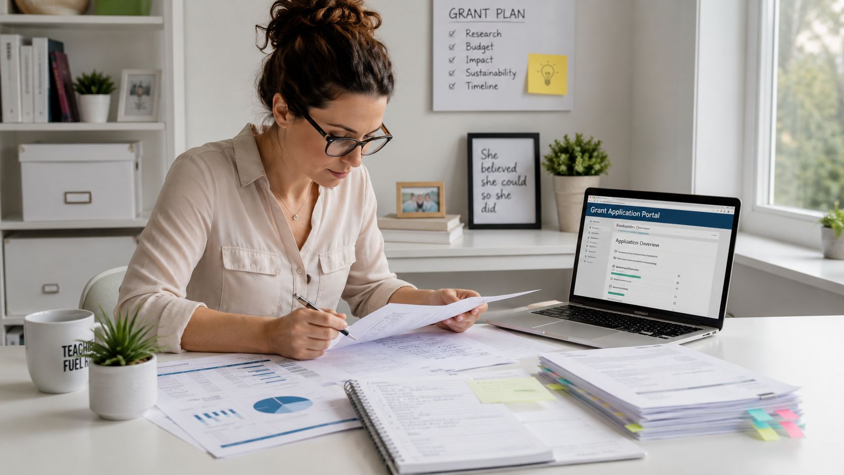 A focused woman reviewing financial grant application documents at her organized home office desk with a laptop.