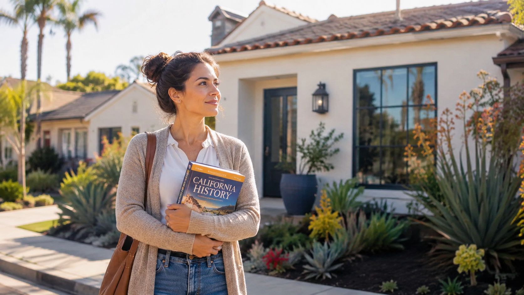 A woman stands confidently in front of a modern suburban home holding a book about California history.