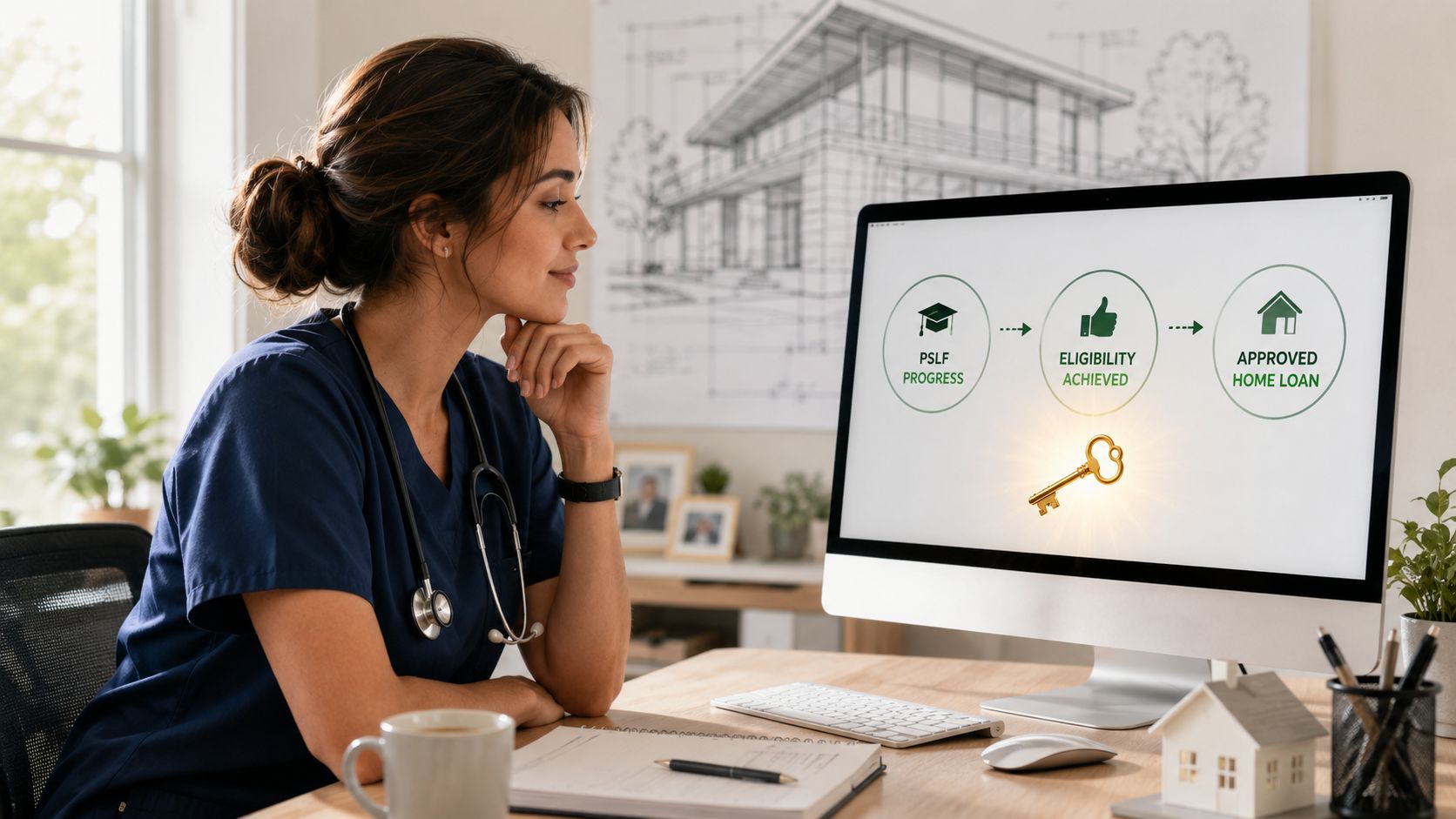 A female nurse sits at her desk, reviewing home loan information on her computer screen.
