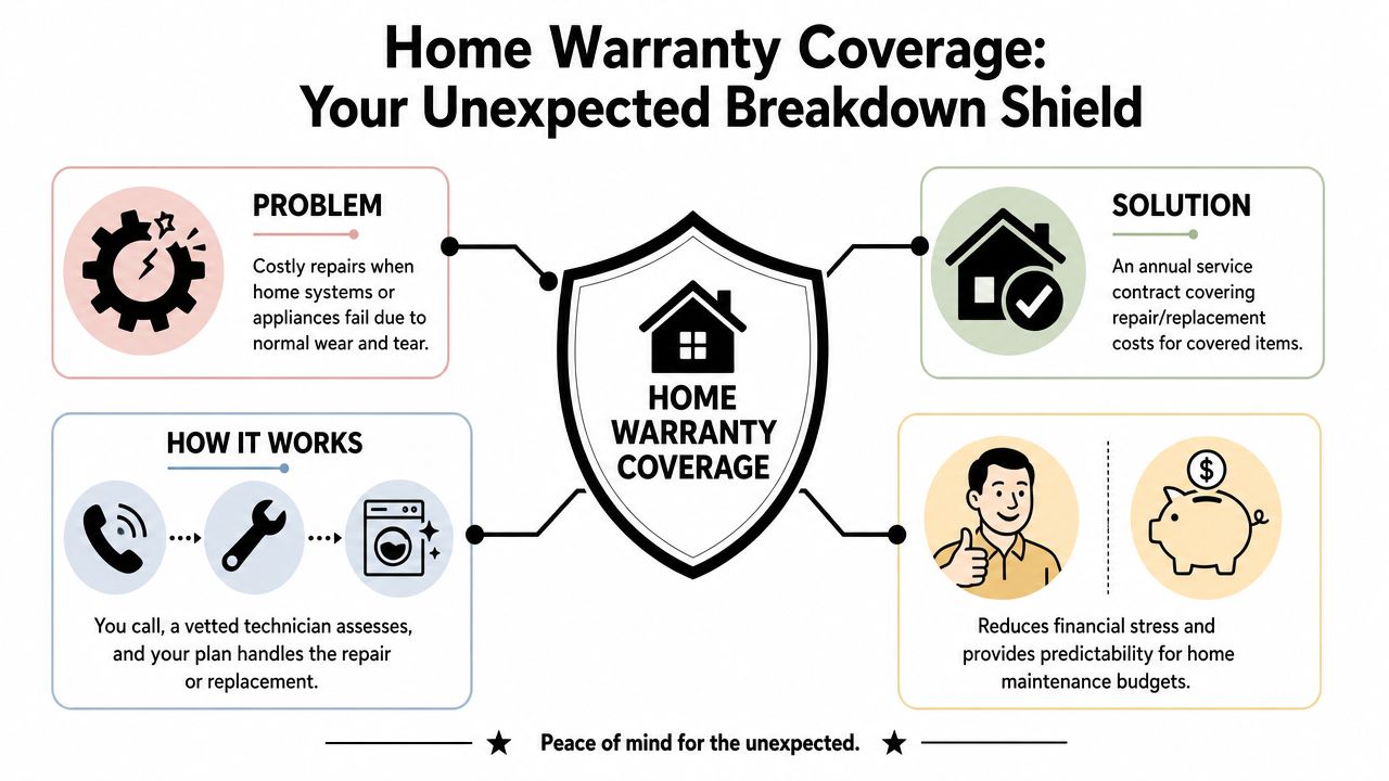 An infographic explaining how home warranty coverage protects homeowners from unexpected repair and replacement costs.