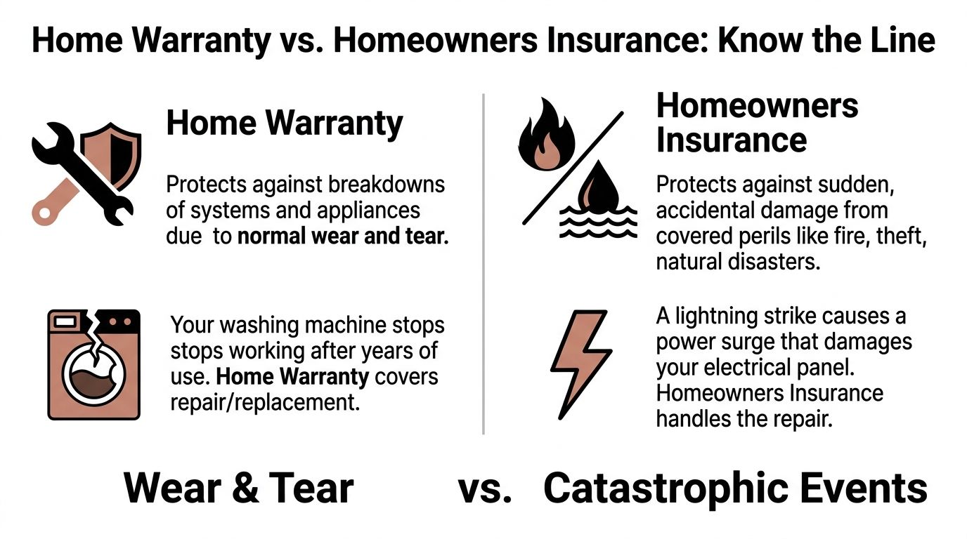A comparison chart explaining the differences between home warranty coverage and homeowners insurance policies.