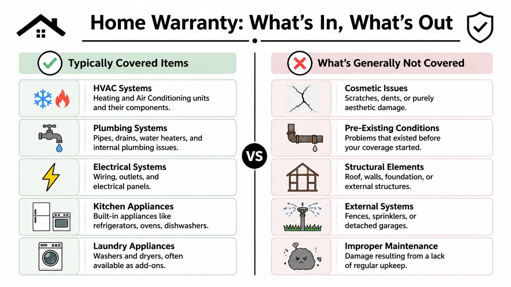 An infographic showing common items typically covered versus not covered by a standard home warranty policy.