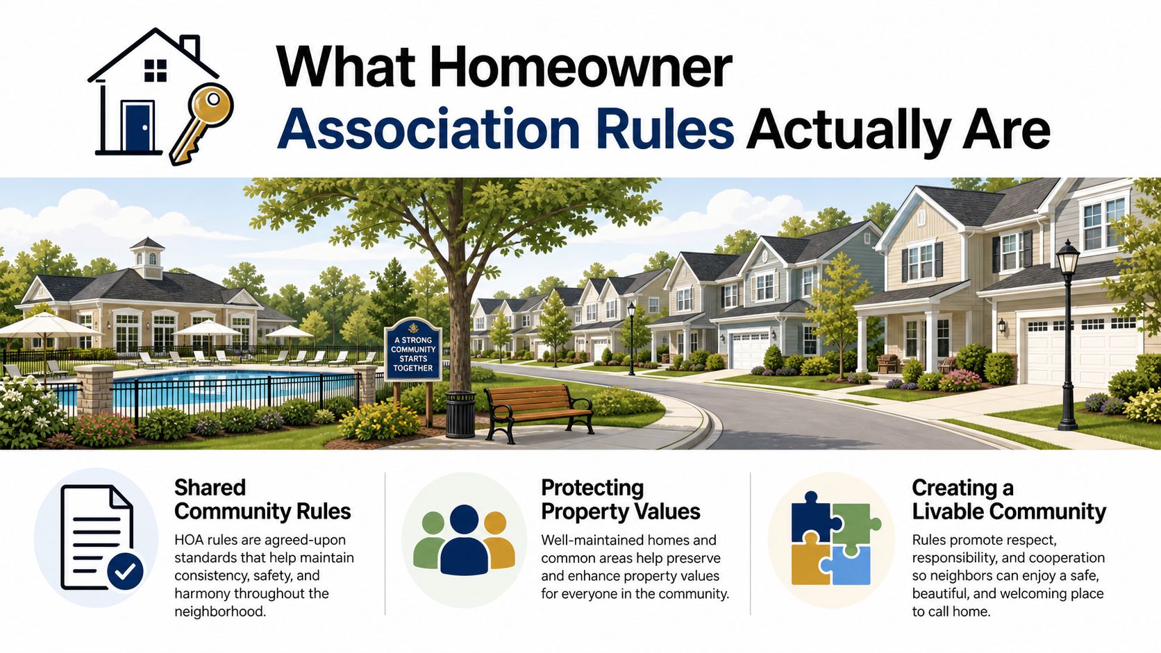 A neighborhood scene featuring houses, a swimming pool, and text explaining the purpose of homeowner association rules.